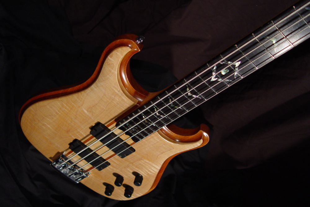 front view of the body of michael mccarten's double cutaway electric bass model