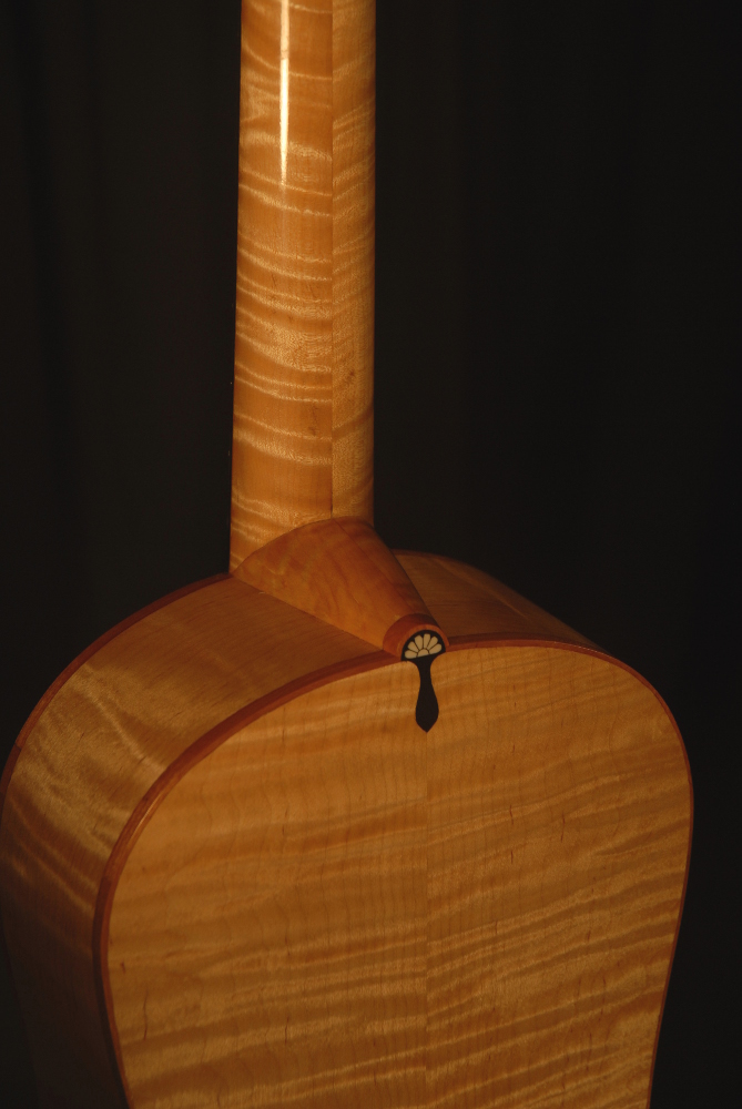 back view of the heel of michael mccarten's 10 string baroque guitar model