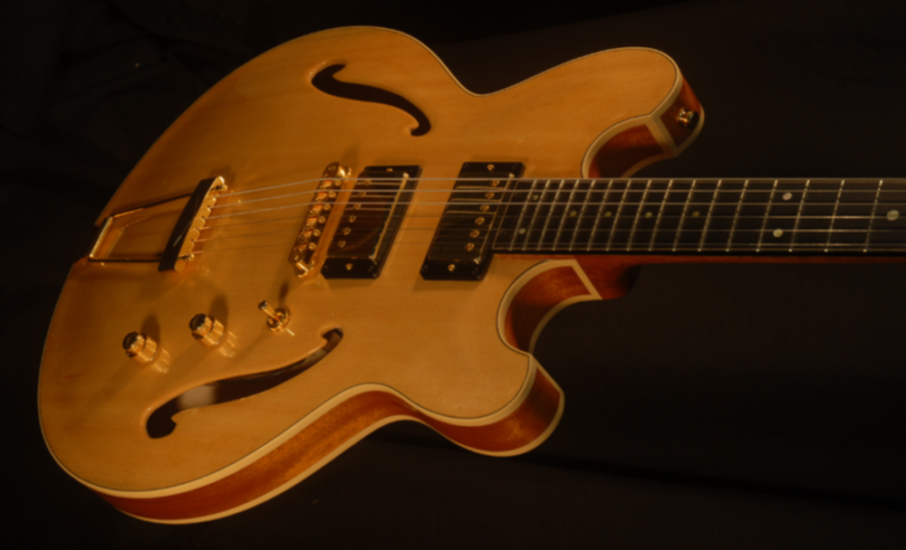 front view of the body of michael mccarten's DC16 double cutaway semi-hollow electric guitar model