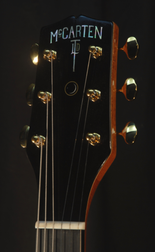 front view of the headstock of michael mccarten's DC16 double cutaway semi-hollow electric guitar model