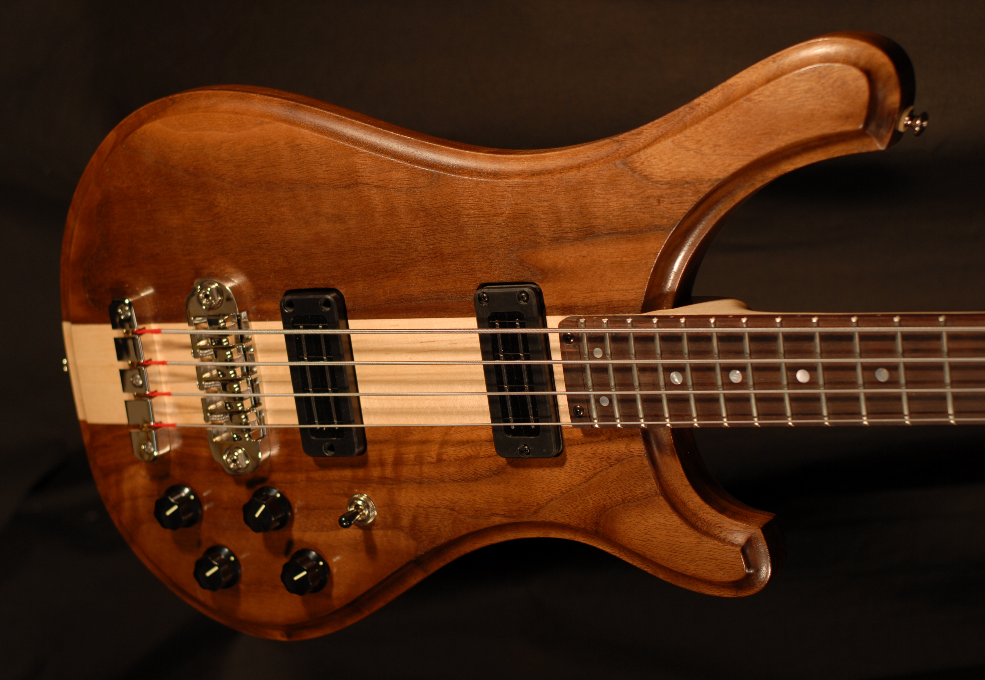 detailed front view of michael mccarten's double cutaway electric bass guitar model